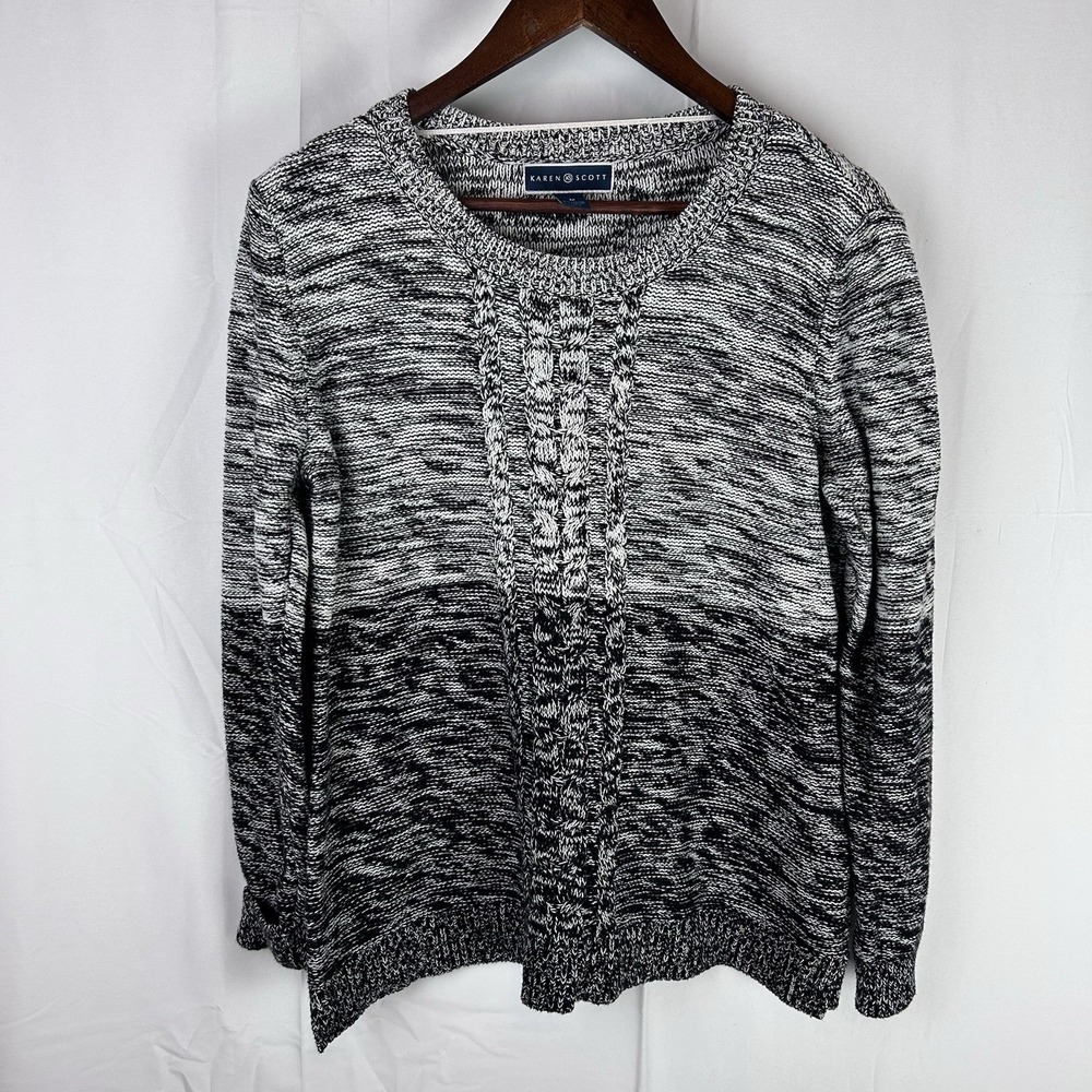 Karen Scott Sweater Tunic Size Medium Cable Knit Detail Long Sleeve Cotton Blend